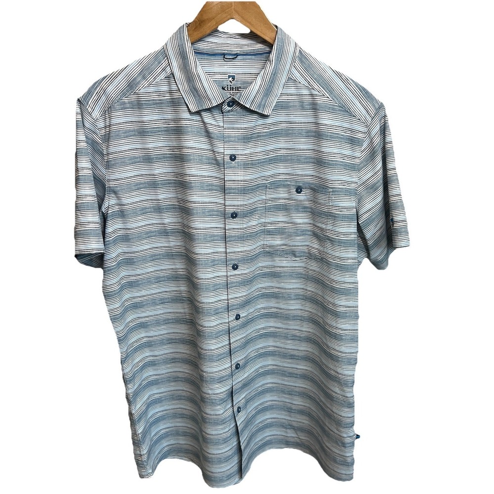 Kuhl Intriguer Hiking Shirt Men Medium Button Down Stretch Striped Short Sleeve